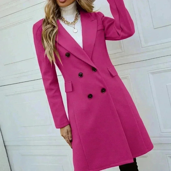 Hot Pink Elegant Women's Lapel Neck Double Breasted Overcoat - Picture 3 of 6